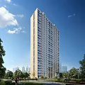 Tall Modern Residential Building With Glass Windows Surrounded By Trees And Urban Skyline