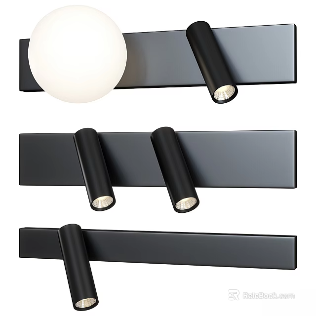 Modern Black Indoor Wall Lamp With Long Strip Base And Dual Cylindrical Heads 3d model 