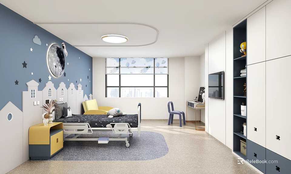 Pediatric Hospital Room Interior With Playful Wall Art Medical Bed And Storage 3d model 