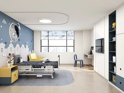 Pediatric Hospital Room Interior With Playful Wall Art Medical Bed And Storage 3d model