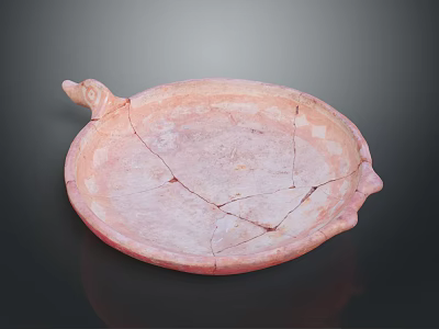 Pink Terracotta Sculpted Plate with Cracked Surface Dual Animal Head Handles and Geometric Diamond Patterns 3d model