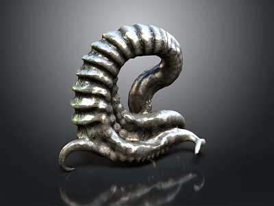 Silver Metallic Octopus Tentacle Model With Ringed Texture On Dark Background 3d model