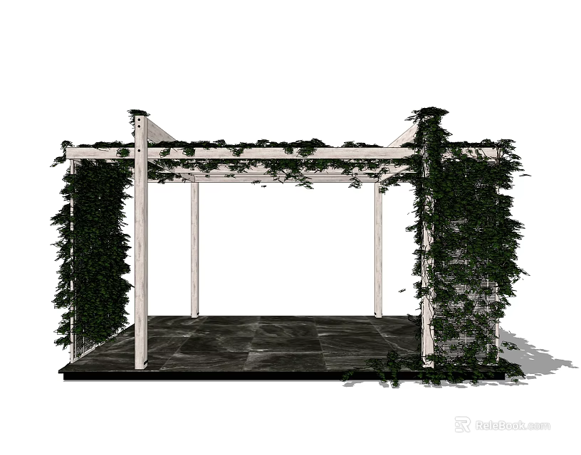 Outdoor Pergola Structure With Green Vines White Columns And Dark Stone Floor 3d model 