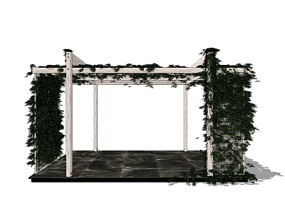 Outdoor Pergola Structure With Green Vines White Columns And Dark Stone Floor 3d model