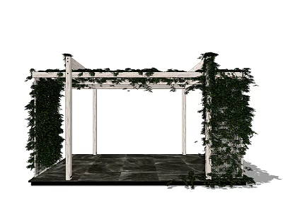 Outdoor Pergola Structure With Green Vines White Columns And Dark Stone Floor 3d model