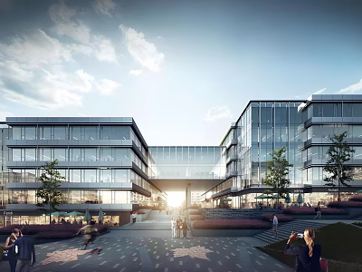Modern Glass Office Complex With Pedestrians Greenery And Open Space 3d model