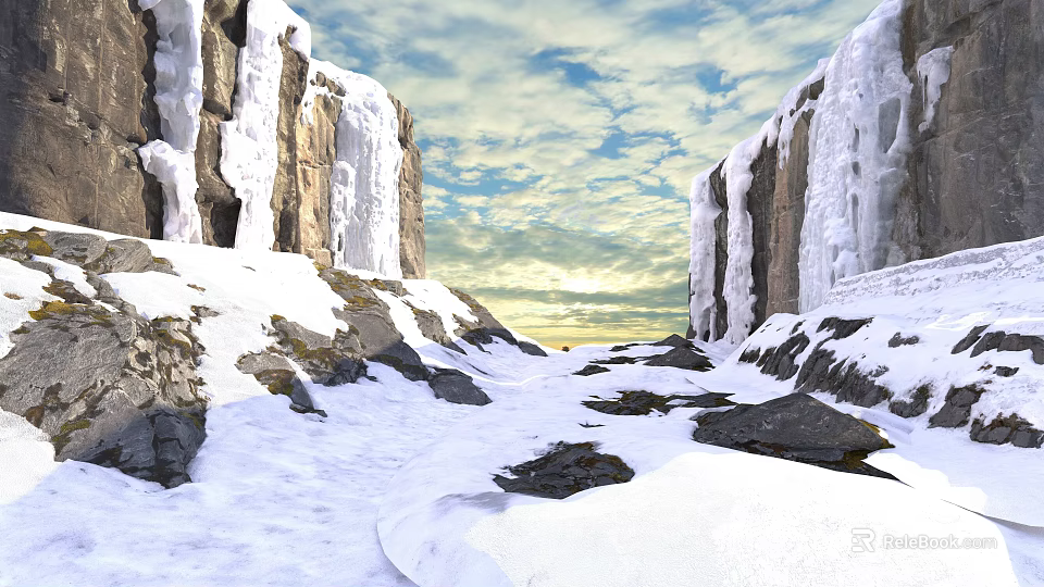 Stunning Snowy Mountain Landscape With Icicle Covered Cliffs Rocky Snowy Ground And Sunset Sky 3d model 