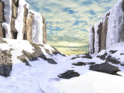 Stunning Snowy Mountain Landscape With Icicle Covered Cliffs Rocky Snowy Ground And Sunset Sky 3d model