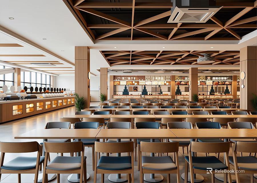 Open Restaurant Interior With Geometric Wooden Ceiling Wooden Tables Blue Cushioned Chairs Bright Lighting 3d model 