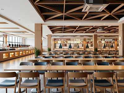 Open Restaurant Interior With Geometric Wooden Ceiling Wooden Tables Blue Cushioned Chairs Bright Lighting 3d model