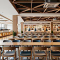 Open Restaurant Interior With Geometric Wooden Ceiling Wooden Tables Blue Cushioned Chairs Bright Lighting