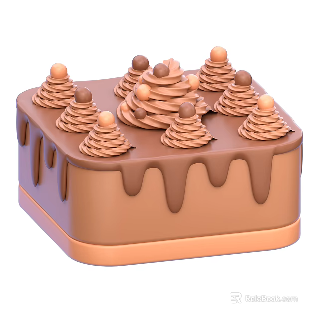 Square Chocolate Cake With Cream Swirls And Chocolate Drizzle Top Balls Orange Base 3d model 
