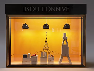 LISOU TIONNIVE Window Display With Eiffel Tower Model Easel And Small Boxes Under Warm Lighting 3d model