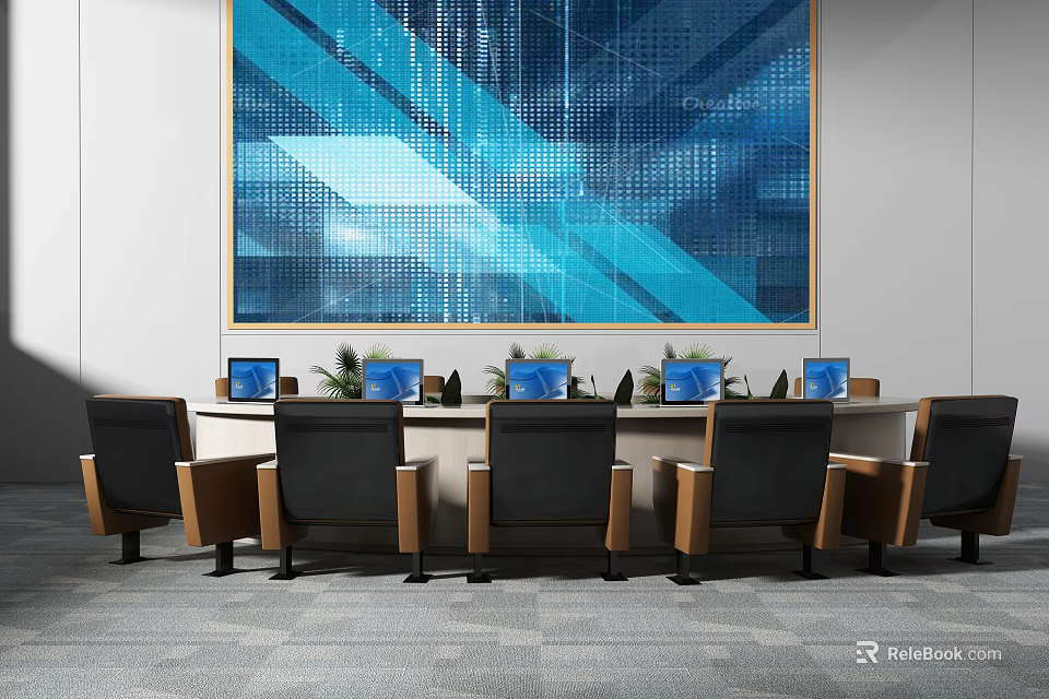 Modern Conference Table Setup With Laptops Green Plants And Blue Geometric Wall Art 3d model 