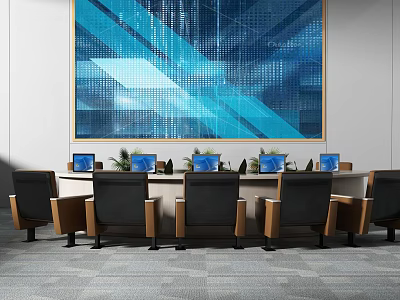 Modern Conference Table Setup With Laptops Green Plants And Blue Geometric Wall Art 3d model