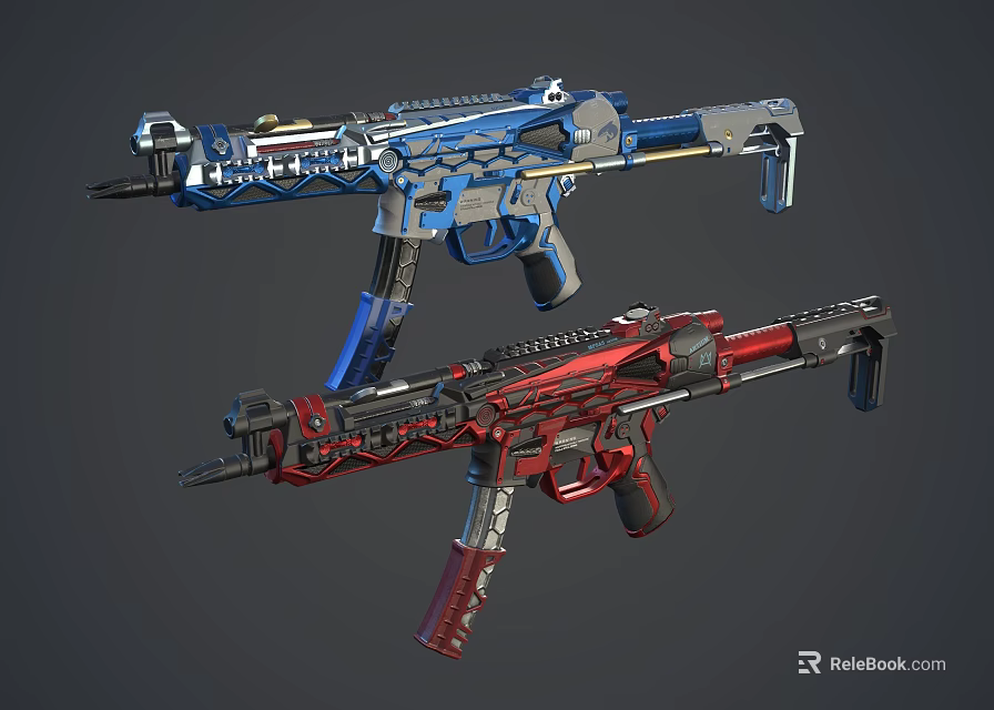 Two Blue And Red Modern Tactical Weapons Assault Rifles With Detailed Mechanical Structure 3d model 