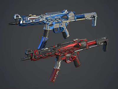 Two Blue And Red Modern Tactical Weapons Assault Rifles With Detailed Mechanical Structure 3d model