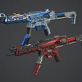 Two Blue And Red Modern Tactical Weapons Assault Rifles With Detailed Mechanical Structure