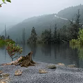 Misty Mountain Scenery With Calm Lake Reflection Lush Trees And Pebble Shore