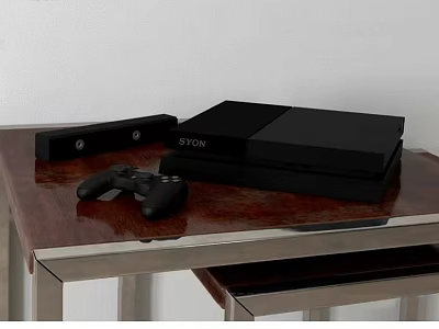 Entertainment Electronics Game Console With Controller And Speaker On Wooden Table 3d model