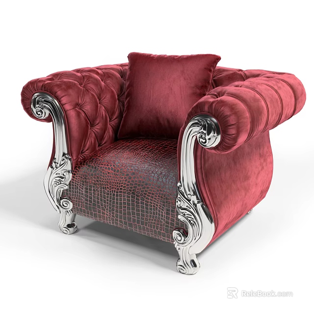 Red Velvet Single Sofa With Carved Silver Legs And Cushion 3d model 