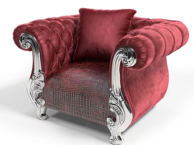 Red Velvet Single Sofa With Carved Silver Legs And Cushion 3d model