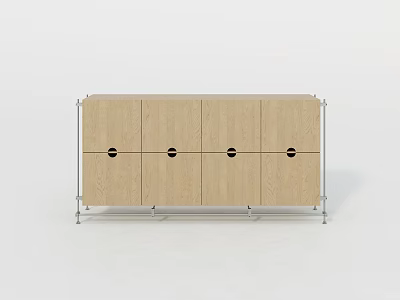Modern Minimalist Storage Cabinet with Light Wooden Doors Black Round Knobs and Metal Frame 3d model