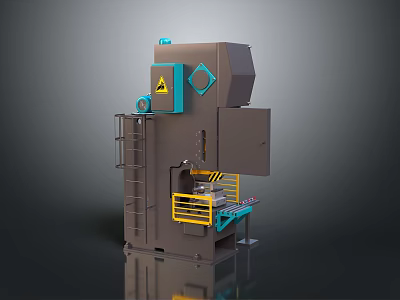 Industrial Heavy Duty Press Machine Featuring Gray Body Blue Components Yellow Warning Signs Safety Railings 3d model
