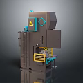 Industrial Heavy Duty Press Machine Featuring Gray Body Blue Components Yellow Warning Signs Safety Railings