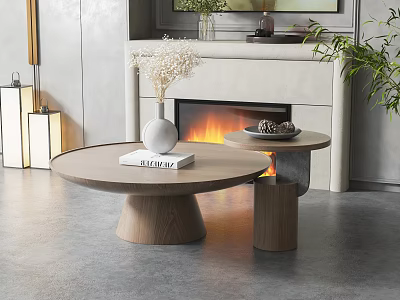 Modern Wooden Coffee Table With White Vase Book Dried Flowers And Small Round Side Table 3d model
