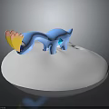 Blue Creature With Yellow Pink Head Decoration Standing On White Circular Platform
