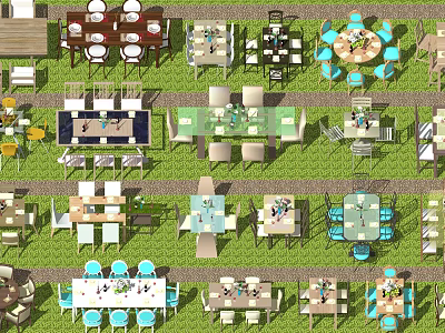 Various Dining Table Sets Featuring Round Square Shapes And Colorful Chairs On Grass 3d model