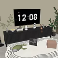 Modern Slatted TV Stand with Clock Decorative Items Floor Lamp and Wavy Rug