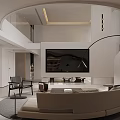 Modern Living Room Interior With White Spiral Staircase Beige Sofa Round Rug And Bookshelves
