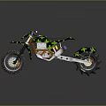 Green And Black Camo Off Road Motorcycle With Knobby Tires And Exposed Mechanics