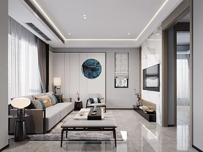 Modern Living Dining Room Design With Sofa Coffee Table TV Artwork And Floor to Ceiling Windows 3d model