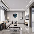Modern Living Dining Room Design With Sofa Coffee Table TV Artwork And Floor to Ceiling Windows