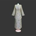 Light Blue Cheongsam With Floral Pattern Long Sleeves Stand Up Collar Matching Skirt On Mannequin