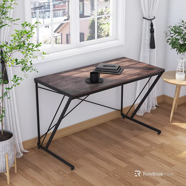 Wooden Office Desk With Metal Frame Black Mug Notebook And Green Plants 3d model 