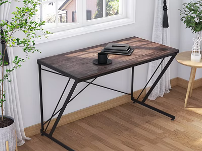 Wooden Office Desk With Metal Frame Black Mug Notebook And Green Plants 3d model