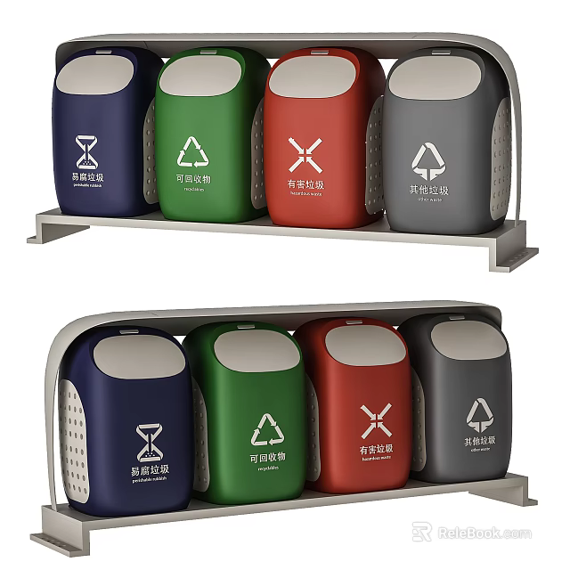 Public Facility Color Coded Trash Bins for Waste Sorting and Recycling 3d model