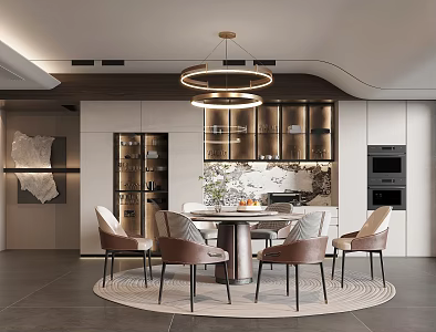 Modern Restaurant Dining Table and Chair Combination Round Dining Table Dining Chair Single Chair Wine Cabinet Chandelier 3d model