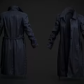 Black Trench Coat Front and Back View Long Length Belted Design Collared Neck 3d model