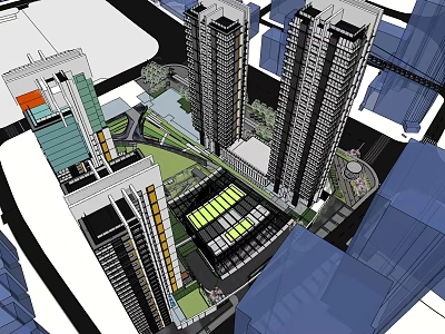 Aerial View Of Modern Urban Architecture With High Rise Buildings And Green Space 3d model