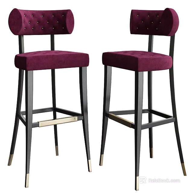 Modern Purple Upholstered Bar Stools With Black Metal Legs And Tufted Backrest 3d model 