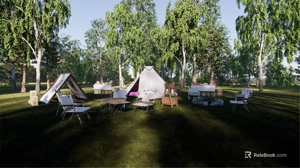 Garden Landscape With Tents Tables Chairs And Green Trees In Outdoor Setting 3d model 