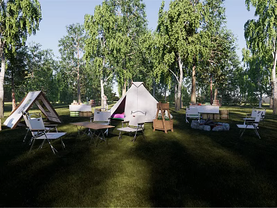 Garden Landscape With Tents Tables Chairs And Green Trees In Outdoor Setting 3d model