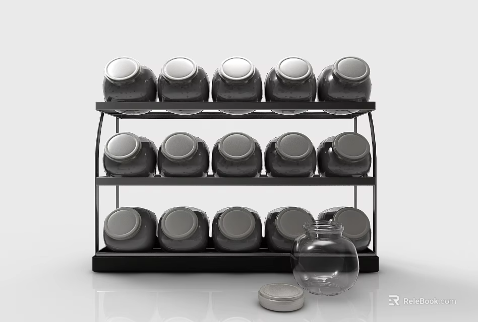 Neatly Arranged Ceramic Containers on Black Multi Tiered Rack with Glass Jug 3d model 