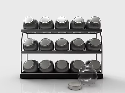 Neatly Arranged Ceramic Containers on Black Multi Tiered Rack with Glass Jug 3d model