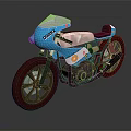 Vintage Blue Motorcycle With White Windshield Brown Seat And Red Wheels